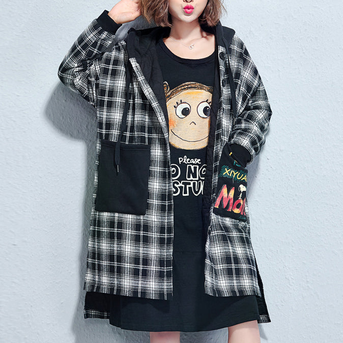 Winter Grid Print Cotton Thick Coats Hooded Thick Low High Cardigans