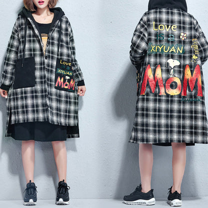 Winter Grid Print Cotton Thick Coats Hooded Thick Low High Cardigans