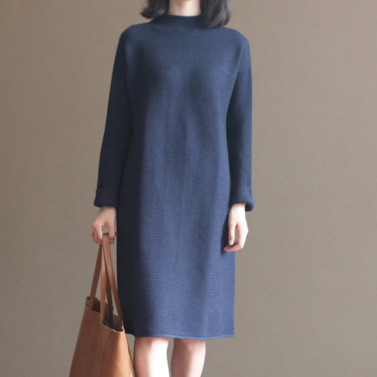 Winter Dark Blue Brief Cotton Blended Sweater Dresses Knit Dress