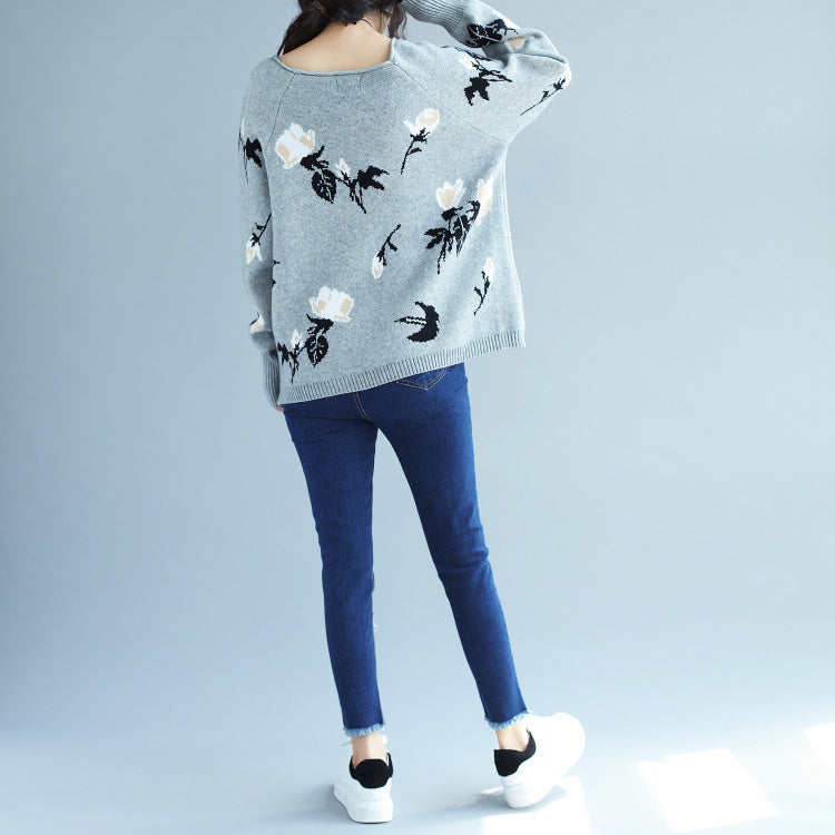 Winter Gray Prints Rabbit Fur Sweater Pullover Oversize Long Sleeve Knit Tops