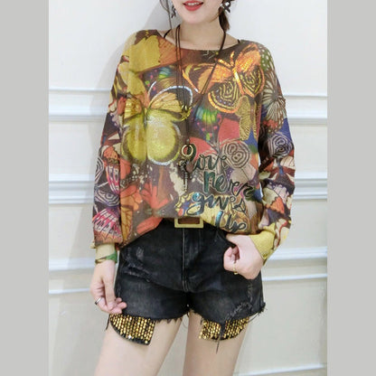 Winter New Alphabet Butterfly Print Sweater Oversize Batwing Sleeve Knit Tops