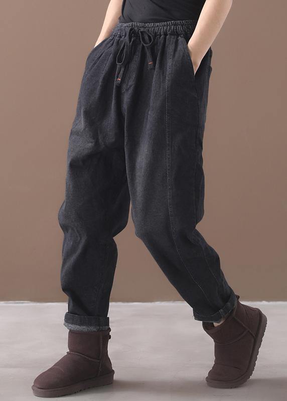 Winter New Denim Black Loose Pants Drawstring Thick Trousers