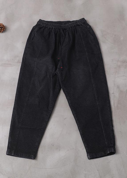 Winter New Denim Black Loose Pants Drawstring Thick Trousers
