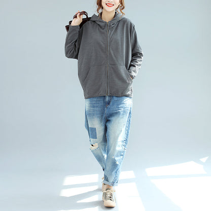 Winter New Gray Zippered Cotton Coats Hooded Short Outwear