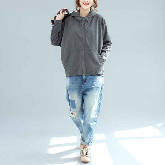 Winter New Gray Zippered Cotton Coats Hooded Short Outwear