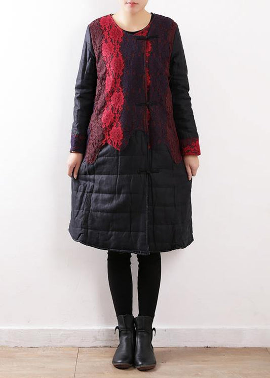 Winter New Original Design Art Disc Buckle Linen Stitching Lace Thick Padded Jacket Cotton Coat Robe