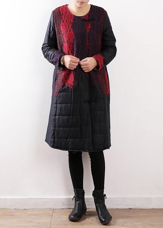 Winter New Original Design Art Disc Buckle Linen Stitching Lace Thick Padded Jacket Cotton Coat Robe