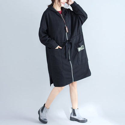 Winter Cotton Cardigans Black Hooded Prints Zippered Warm Trench Coats