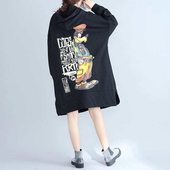 Winter Cotton Cardigans Black Hooded Prints Zippered Warm Trench Coats