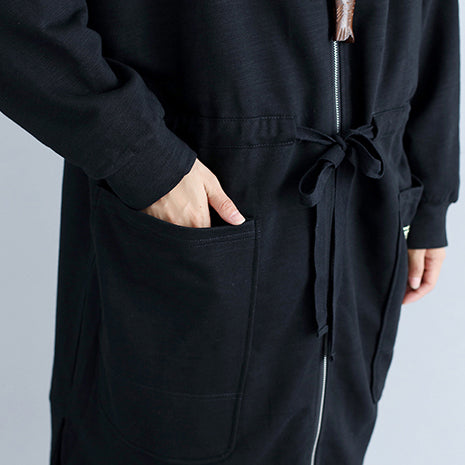 Winter Cotton Cardigans Black Hooded Prints Zippered Warm Trench Coats