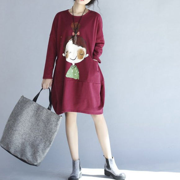 Winter Red Thick Prints Cotton Dresses Long Sleeve Shift Dress