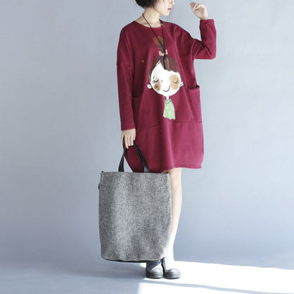 Winter Red Thick Prints Cotton Dresses Long Sleeve Shift Dress