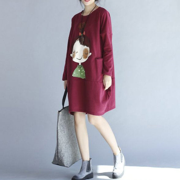 Winter Red Thick Prints Cotton Dresses Long Sleeve Shift Dress
