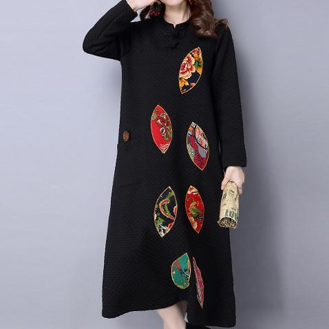 Winter Thick Black Cotton Embroidery Dresses Oversize Maxi Dress