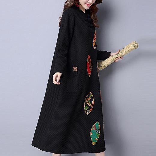 Winter Thick Black Cotton Embroidery Dresses Oversize Maxi Dress
