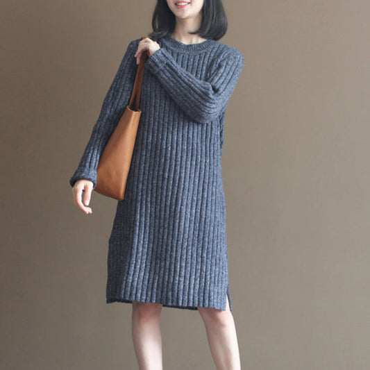 Winter Thick Gray Blue Cotton Knit Dresses Striped Sweater Dress