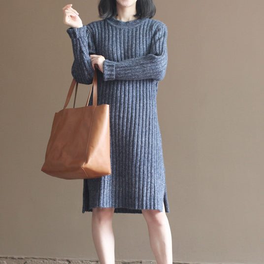 Winter Thick Gray Blue Cotton Knit Dresses Striped Sweater Dress
