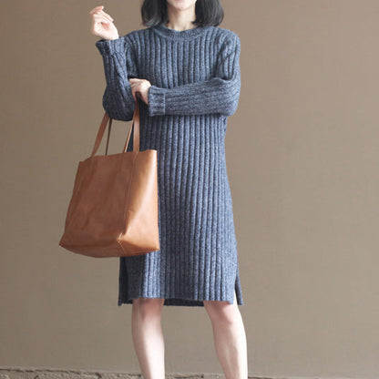 Winter Thick Gray Blue Cotton Knit Dresses Striped Sweater Dress