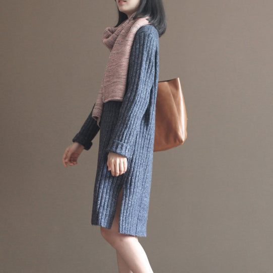 Winter Thick Gray Blue Cotton Knit Dresses Striped Sweater Dress