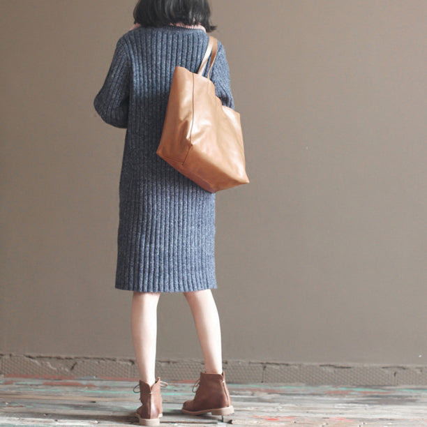 Winter Thick Gray Blue Cotton Knit Dresses Striped Sweater Dress