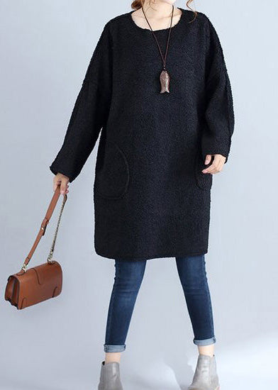 Winter Thick Warm Black Lamb's Wool Dresses Long Sleeve Sweater Dress