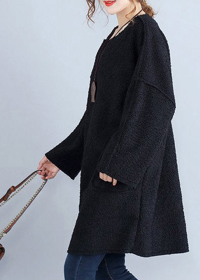 Winter Thick Warm Black Lamb's Wool Dresses Long Sleeve Sweater Dress