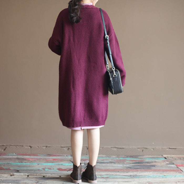 Winter Cotton Blended Sweater Cardigans Burgundy Oversize Pockets Wrap Knit Coat