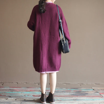 Winter Cotton Blended Sweater Cardigans Burgundy Oversize Pockets Wrap Knit Coat