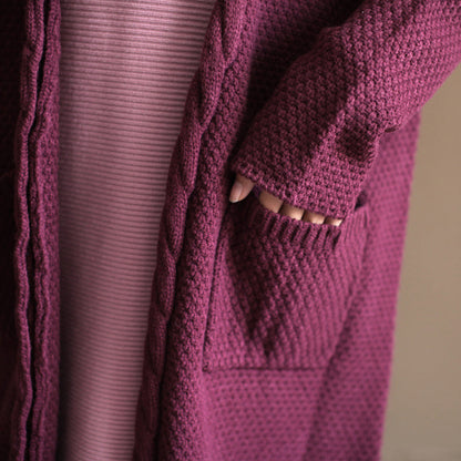 Winter Cotton Blended Sweater Cardigans Burgundy Oversize Pockets Wrap Knit Coat