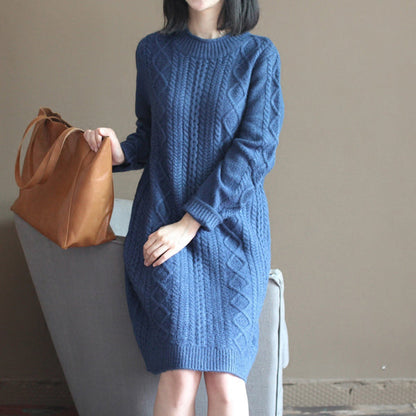 Winter Dark Blue Cotton Sweater Dresses Cable Knit Dress
