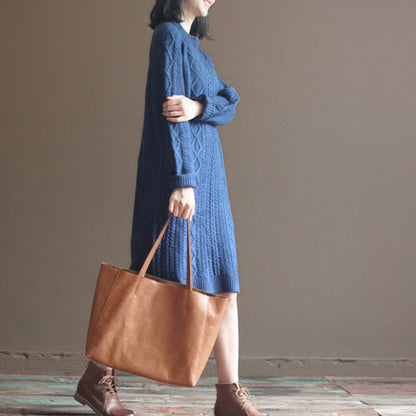 Winter Dark Blue Cotton Sweater Dresses Cable Knit Dress
