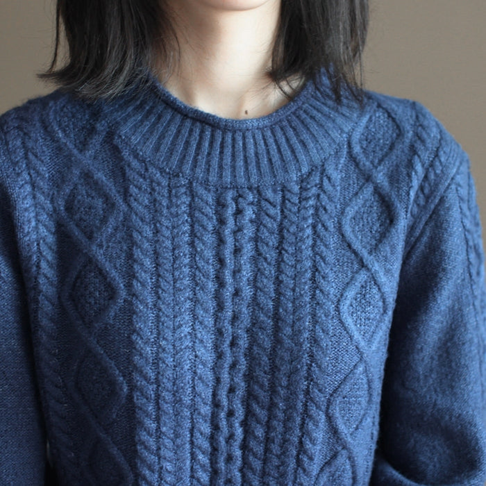 Winter Dark Blue Cotton Sweater Dresses Cable Knit Dress