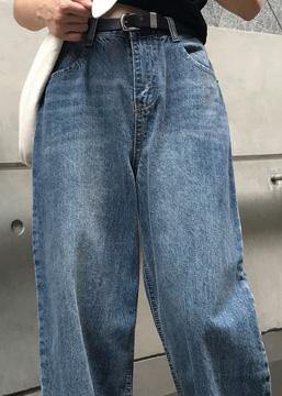 Winter Denim Blue Pants High Waist Wide Leg Trousers
