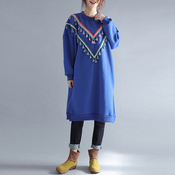 Winter Warm Blue Cotton Dresses Tassel Decorated Traveling Dress