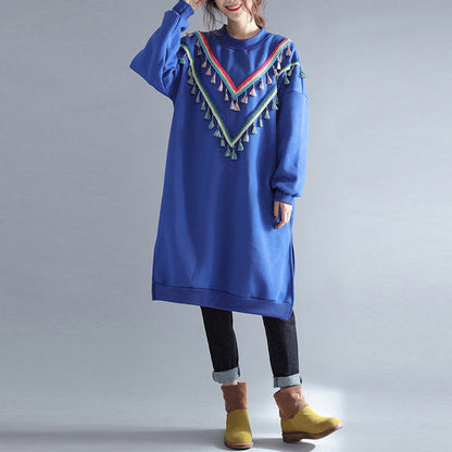 Winter Warm Blue Cotton Dresses Tassel Decorated Traveling Dress