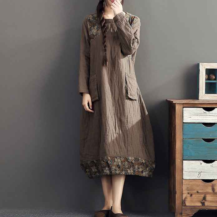 Winter Warm Khaki Prints Patchwork Cotton Dresses Linen Long Sleeve Thick Dress