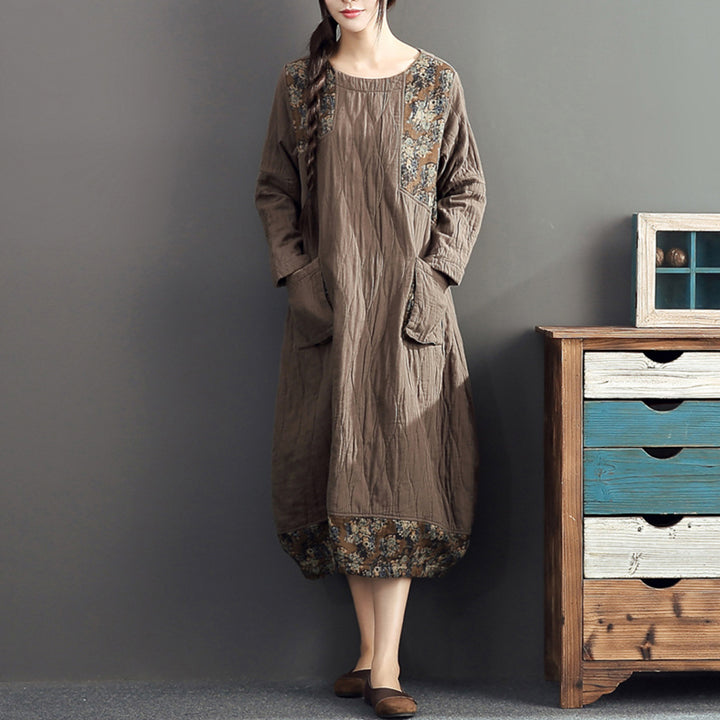 Winter Warm Khaki Prints Patchwork Cotton Dresses Linen Long Sleeve Thick Dress