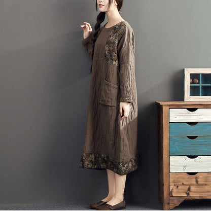 Winter Warm Khaki Prints Patchwork Cotton Dresses Linen Long Sleeve Thick Dress