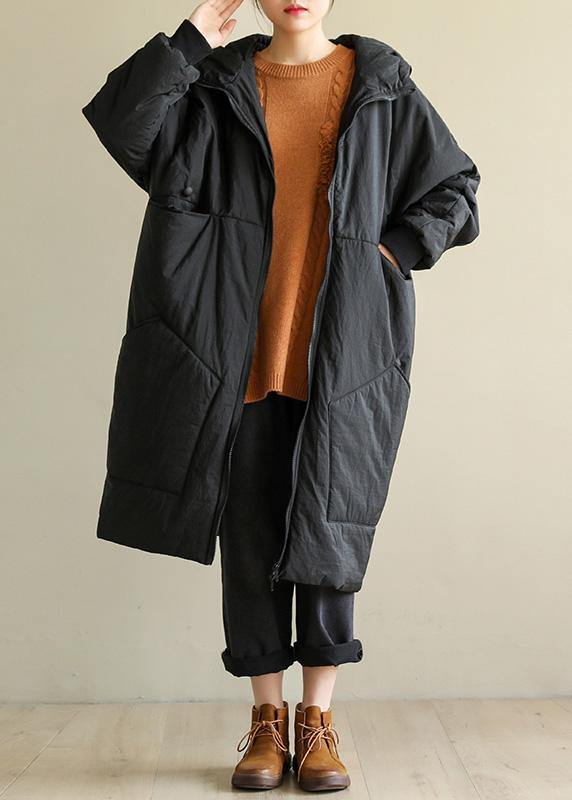 Loose Fitting Down Jacket Big Pockets Winter Coats Black Hooded Winter Parkas