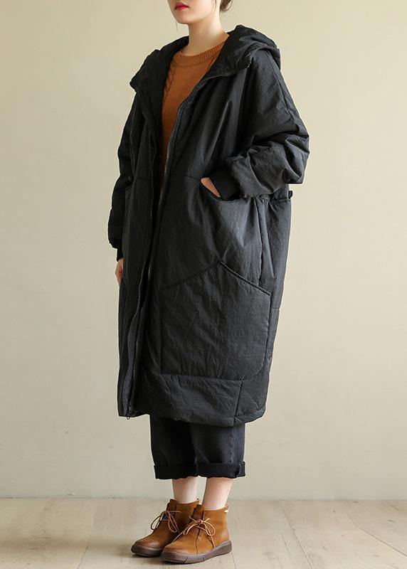 Loose Fitting Down Jacket Big Pockets Winter Coats Black Hooded Winter Parkas