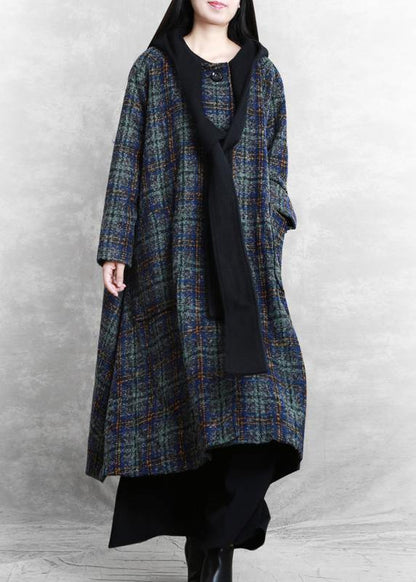 Loose Fitting Long Coats Blue Plaid Hooded Patchwork Woolen Coats