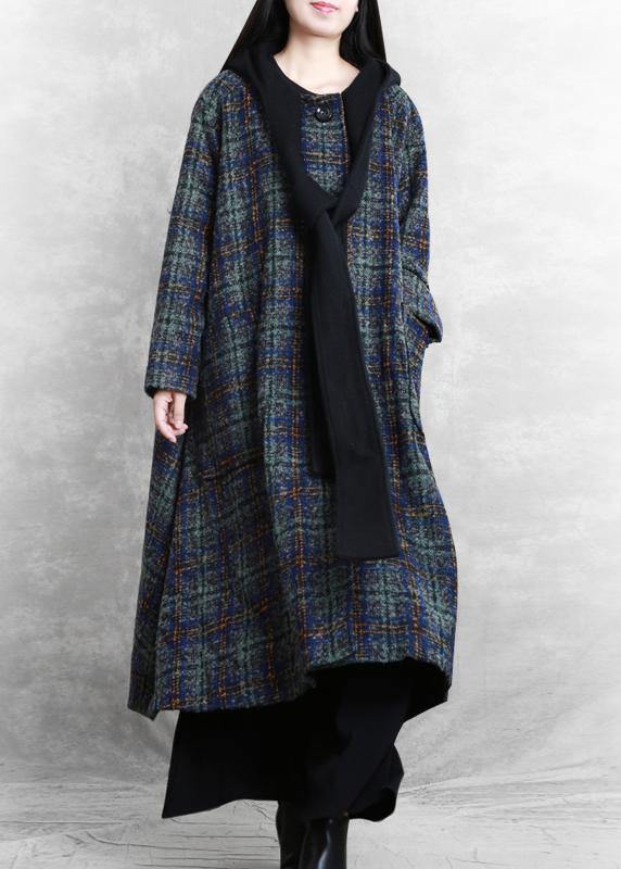 Loose Fitting Long Coats Blue Plaid Hooded Patchwork Woolen Coats