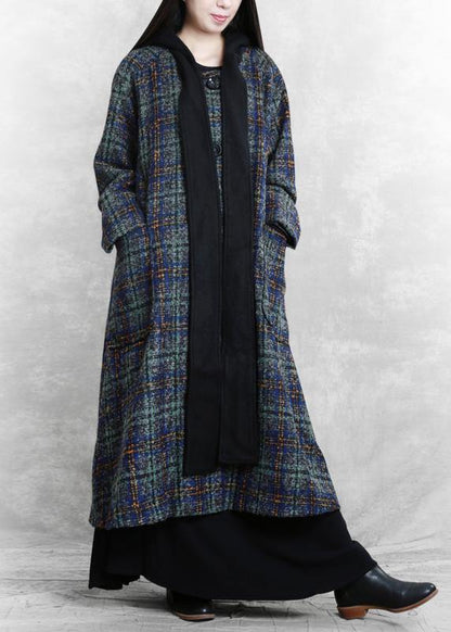 Loose Fitting Long Coats Blue Plaid Hooded Patchwork Woolen Coats