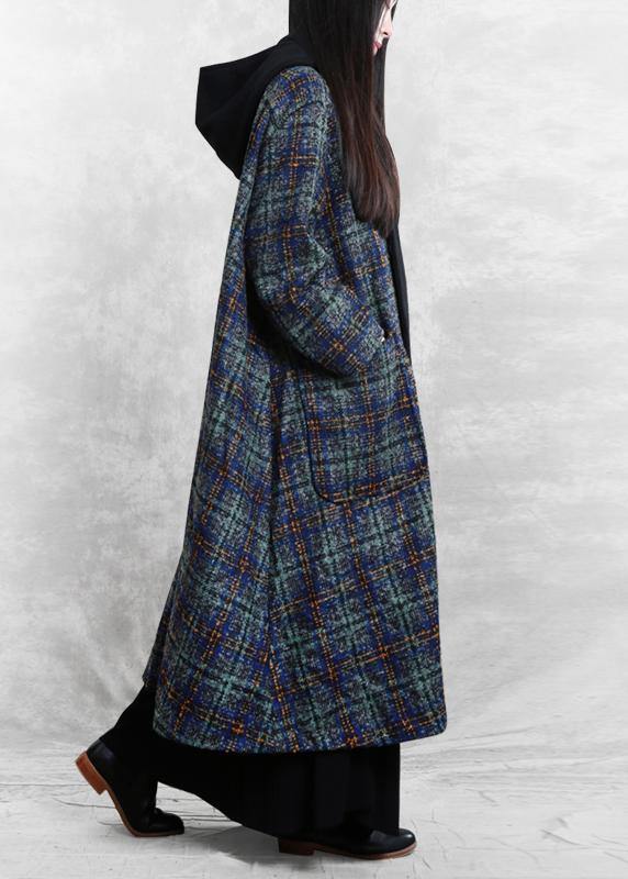 Loose Fitting Long Coats Blue Plaid Hooded Patchwork Woolen Coats