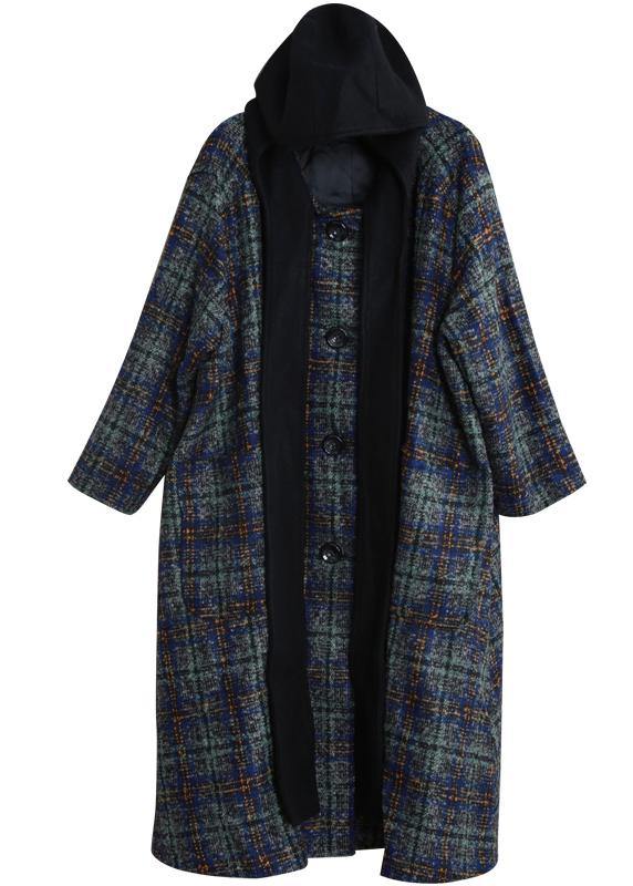 Loose Fitting Long Coats Blue Plaid Hooded Patchwork Woolen Coats