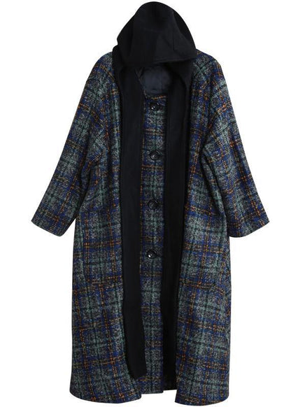 Loose Fitting Long Coats Blue Plaid Hooded Patchwork Woolen Coats