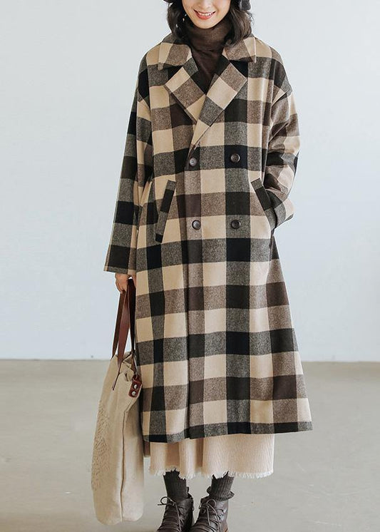 Loose Fitting Medium Length Coat Plaid Pockets Notched Woolen Coats