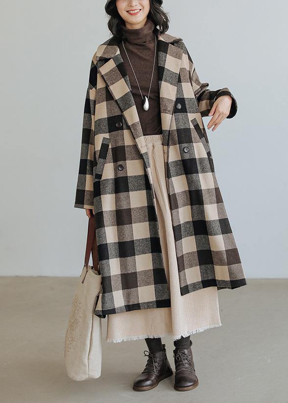 Loose Fitting Medium Length Coat Plaid Pockets Notched Woolen Coats