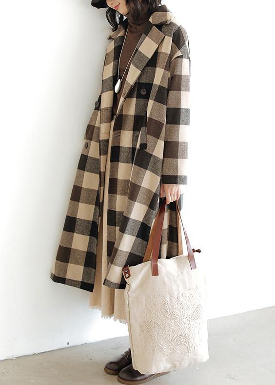Loose Fitting Medium Length Coat Plaid Pockets Notched Woolen Coats