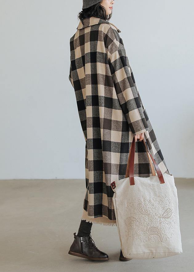 Loose Fitting Medium Length Coat Plaid Pockets Notched Woolen Coats